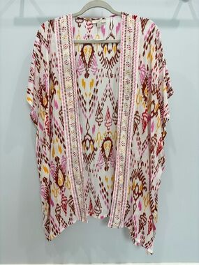 NWT - LOFT White Ikat Open-Front Kimono with Pink & Mustard Motifs